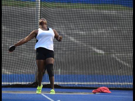 Shadae Lawrence in action in the Women’s Discus Throw final at Velocity Fest 11 at the National Stadium on Saturday.