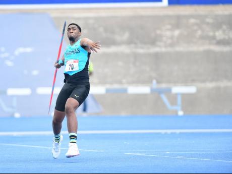 Bahamian javelin thrower Keyshawn Strachan in action in the Boys U20 event at the Carifta Games in Kingston on Saturday, April 16, 2022.