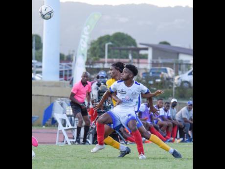 Malike Stephens (right) of Portmore United FC blocks Trey Bennett of Harbour View from the ball in their Jamaica Premier League game at Stadium East in St Andrew on Sunday.