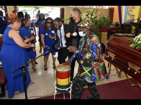  Bongo Herman gives a musical tribute during the Thanksgiving Service for the life of his friend Fitzroy ‘Bunny Diamond’ Simpson, who died on April 1  after a prolonged illness. He was 70 years old.