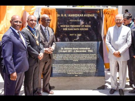 (From left) Senator Aubyn Hill, minister of Industry, Investment & Commerce; Mayor of Kingston Councillor Delroy Williams; Desmond Mckenzie, minister of Local Government and Rural Development; and President of the Republic of India, Ram Nath Kovind, at the renaming ceremony. 
