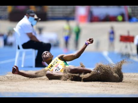 Jamaica’s Jaydon Hibbert claims gold with a distance of 7.62m in the Boys Under 20 Long Jump event at the Carifta Games in Kingston on Sunday, April 17.