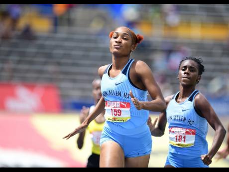 Edwin Allen teammates Rushana Dwyer (left) and Jessica McLean competing in the Class One 800m final at the ISSA/GraceKennedy Boys and Girls’ Athletics Championships at the National Stadium in Kingston earlier this year.
