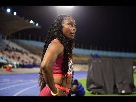 Shelly-Ann Fraser-Pryce moments after winning section two of the women’s 100m preliminary round at the JAAA National Senior Championships at the National Stadium in Kingston on Thursday, June 23.