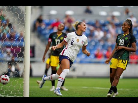 United States' Trinity Rodman (left) celebrates scoring her side's fifth goal against Jamaica during their Concacaf Women's Championship match in Monterrey, Mexico on Thursday evening.