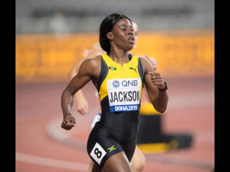 Shericka Jackson competing in the 400m at the 2019 World Championships.
