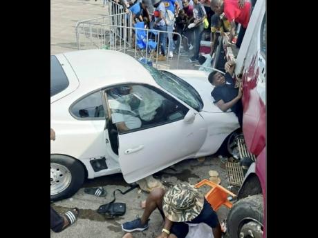 This car crashed into spectators at Vernamfield in Clarendon yesterday.