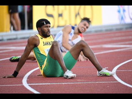 Jaheel Hyde of Jamaica, moments after clocking a personal best 48.03 seconds for sixth in the men’s 400 metres hurdles final,  at the  World Athletics Championships in Eugene, Oregon last night.  
