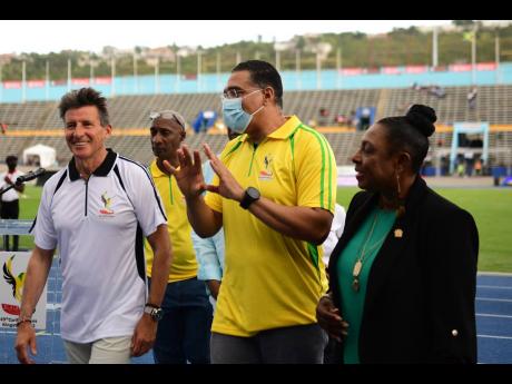 From left: Lord Sebastian Coe (president, World Athletics), Garth Gayle (president, Jamaica Athletics Administrative Association), Prime Minister Andrew Holness and Minister of Culture, Gender, Entertainment and Sport Olivia Grange at the  National Stadium on Day One of the 49th staging of the Carifta Games on Saturday, April 16, 2022. 