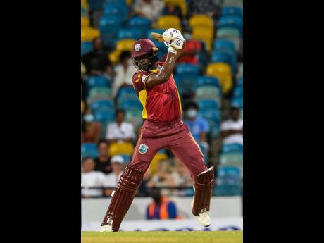 West Indies’ Shamarh Brooks drives during his innings of 79 in the match against New Zealand in Barbados on Wednesday.