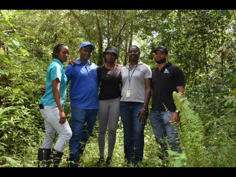 Shanel Lemmie (centre) poses with Park rangers (from left) Akeba Martin, Franz Howell, Melecia Wright and Cavoy Petgrave who patrol the Mount Diablo Forest Reserve daily to prevent unathorised activities in the area.