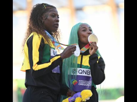 Credit: File Shericka Jackson (left) and Shelly-Ann Fraser-Pryce were two members of Jamaica’s bronze medal team at the 2019 World Relays in Yokohama, Japan.