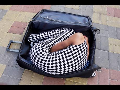 Suede slithers his way into the suitcase, demonstrating how flexible he really is.