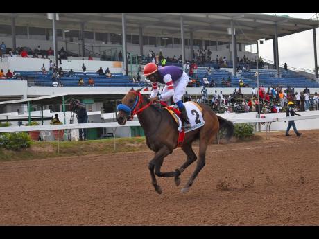 BOOTYLICIOUS, ridden by Reyan Lewis, wins the The Thornbird Stakes over seven furlongs for three-year-old Graded Stakes for fillies, at Caymanas Park on April 8.