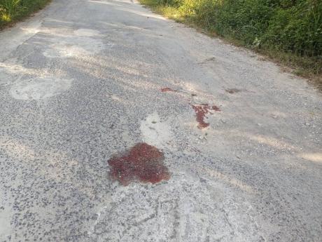 Blood stains show where the bodies of three unidentified men were found in the Mount Zion community of St James on Saturday night.