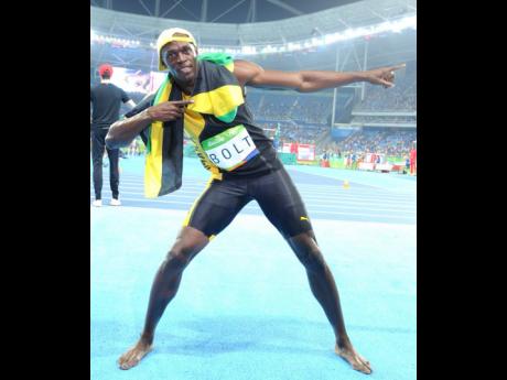 Bolt doing his signature pose at his last Olympics in Rio de Janeiro, Brazil in 2016.