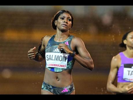 Shiann Salmon eases after capturing the women’s 400 metres hurdles at the Racers Grand Prix last Saturday.