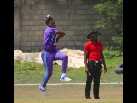Pacer Sheldon Cottrell about to send down a delivery for the Surrey Kings during their Dream XI-sponsored Jamaica T10 encounter against the Middlesex Titans at Kensington Park yesterday.