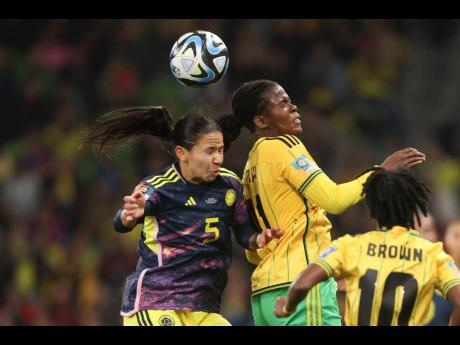 Colombia’s Lorena Bedoya Durango (left) and Jamaica’s Khadija Shaw go for a header during the Women’s World Cup round of 16 match in Melbourne, Australia on Tuesday, August 8, 2023. 