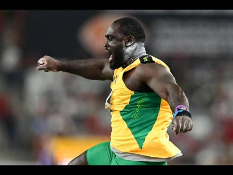 Jamaica's Rajindra Campbell reacts after his first attempt in the final of the men's shot put at the World Championships in Budapest, Hungary, today. Campbell failed to advance to the top eight in the final.