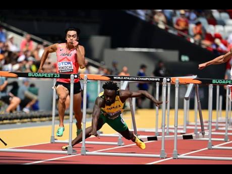 Credit: Gladstone Taylor Jamaica’s Rasheed Broadbell crashes to the track in the men’s 110 metres hurdles, at the World Championships, in Budapest, Hungary, today.
