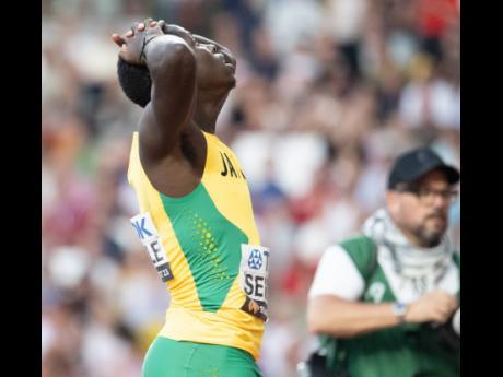 Jamaica’s Oblique Seville is disappointed after finishing fourth in the men’s  100 metres at the World Championships in Budapest, Hungary, yesterday.