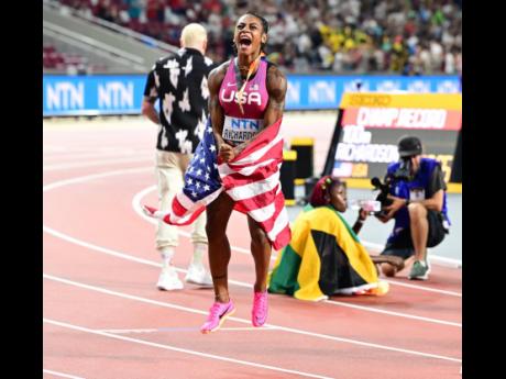 United States of America’s Sha’Carri Richardson celebrates winning the women’s 100 metres.