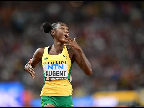 Jamaica’s Ackera Nugent expresses shock after finishing second in her semi-finals to advance to the final of the women’s 100 metres hurdles at the World Championships at the National Athletics Centre in Budapest, Hungary, yesterday.