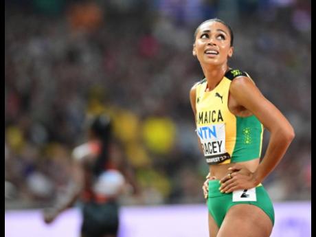 Jamaica’s Adelle Tracey completes the women’s 800 metres final. She placed seventh.