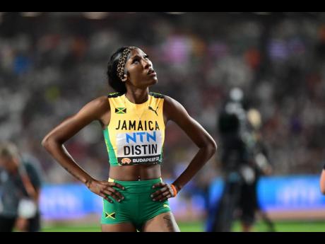 Jamaica’s Lamara Distin contemplates her next move in the women’s high jump final. Distin placed fifth with 1.97 metres.