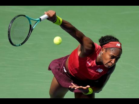 Coco Gauff, of the United States of America, serves to Mirra Andreeva, of Russia, during the second round of the US Open tennis championships, yesterday. Gauff won 6-3, 6-2.