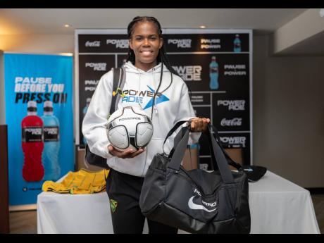 Credit: Gladstone Taylor Jamaica’s Khadija ‘Bunny’ Shaw is announced as a Powerade Ambassador at a function at the ROK Hotel in Kingston on Wednesday.