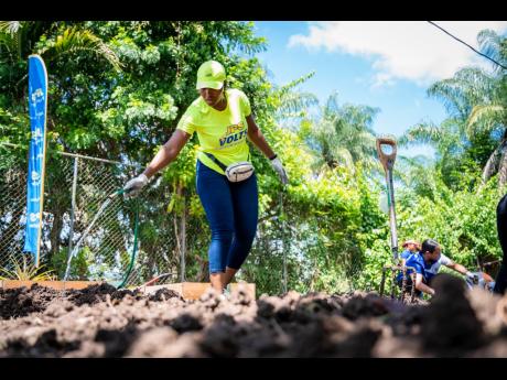 Carla Cowan waters vegetables in the newly establised garden.