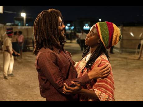 Kingsley Ben-Adir, who plays Marley, and Lashana Lynch, who takes on the role of his wife, Rita, in a scene from the biopic ‘Bob Marley: One Love’.