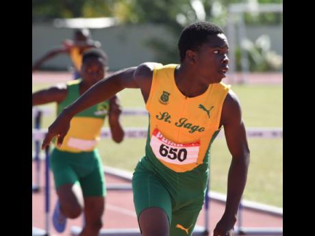 Marquies Page of St Jago High wins the Class Three 100m hurdles at the Central Athletics Championships at G.C. Foster College on Wednesday, February 21.