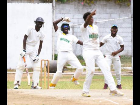 Excelsior High's wicketkeeper Justin Adlam (second left), bowler Tamarie Redwood (second right) and Michael Clarke (right) react after St. George's College's Orlando Palmer (left) was caught behind during their ISSA/GK Insurance Urban Area Twenty20 semi-final at St. George's College on Wednesday. Excelsior won by 10 wickets.