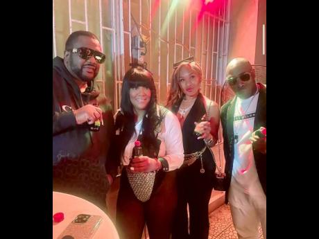 Kemar McGregor (left), producer of ‘The Recoup’ rhythm, alongside (from second left) artiste Tifa, TMZ host Joy Daley and artiste Zed Regal.

