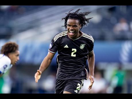 Reggae Boyz defender Dexter Lembikisa celebrates after scoring against Panama in the Concacaf Nations League third place playoff in March.