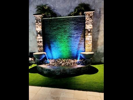 This water feature is complemented by the lighting.