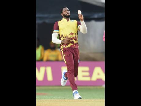 Obed McCoy in action during last weekend’s  three-match T20 series against South Africa at Sabina Park. 