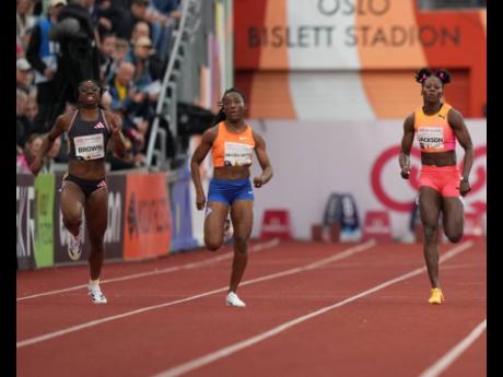 Jamaica’s Shericka Jackson (right), 22.97 seconds, takes fifth spot in the women’s 200 metres at yesterday’s Diamond League meet in Oslo, Norway. The race was won by American Brittany Brown (left) in  22.32. Marie-Josee Ta Lou-Smith (centre) of Cote d’Ivoire was second in 22.36. 