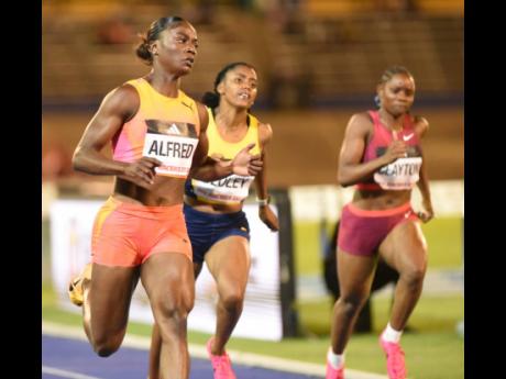 Julien Alfred (left) of St Lucia wins the women’s 100 metres in a personal best  10.78 seconds ahead of Krystal Sloley (centre), 10. 99 (also a personal best) and  Tina Clayton (right)  fourth in 11.17.