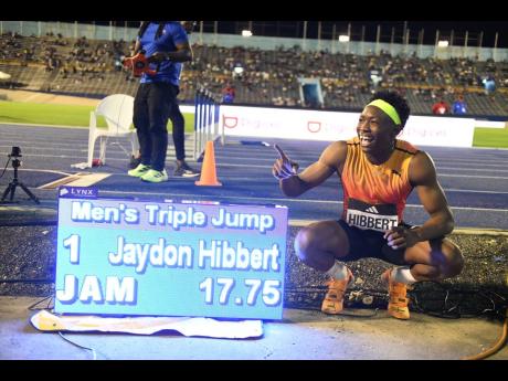Jaydon Hibbert celebrates after his world leading jump and meet record 17.75m in the men’s triple jump.