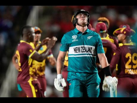 New Zealand’s Finn Allen reacts after he was dismissed during the men’s T20 World Cup cricket match between the West Indies and New Zealand on Wednesday.