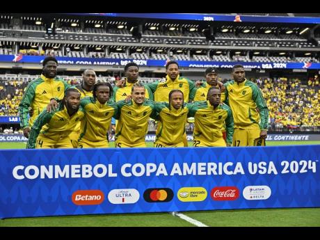 The Jamaican team poses for a group photograph before Wednesday night’s Copa America Group B clash in Las Vegas. Back row (from left) Shamar Nicholson, Michail Antonio, Di’Shon Bernard, Ethan Pinnock, Jamali Waite and Damion Lowe. From row (from left) Kasey Palmer, Dexter Lembikisa, Joel Latibeaudiere, Bobby De Cordova-Reid and Greg Leigh.