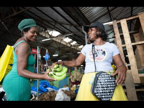 
Akeila Dixon (left) purchases green bananas from Cynthia Allen at the Coronation Market yesterday. 