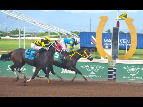 MILOS (right), ridden by Robert Halledeen,  wins Division One of the Hubert ‘Chinna’ Bartley Memorial Trophy ahead of pre-race favourite DIGITAL ONE (Tevin Foster)  at Caymanas Park on Saturday, June 29, 2024.