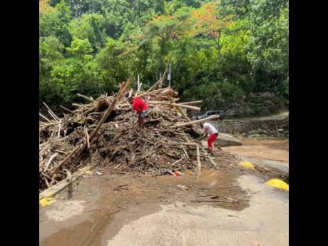 Credit: Contributed Photos YouTubers Claud Watkis and Noel Smith helping to clear the massive debris that blocked Flat Bridge in St Catherine, caused by Hurricane Beryl.