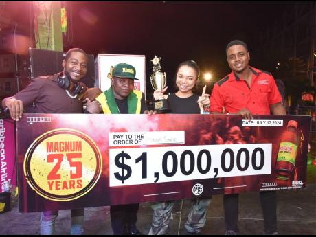Notorious International members (from left) Anthony ‘DJ Skeng’ Walker, Rohan ‘Little Shabba’ Henry and Marie ‘Bad Gyal’ Sano get their cheque and trophy from Brandon Wallace, brand manager, Magnum Tonic Wine, after the Reggae Sumfest Global Sound Clash. 