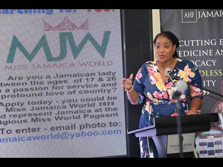 Credit: Rudolph Brown Dahlia Harris speaks at the launch of both the Miss Jamaica World and Mr World Jamaica pageants at the Courtleigh Hotel last week.